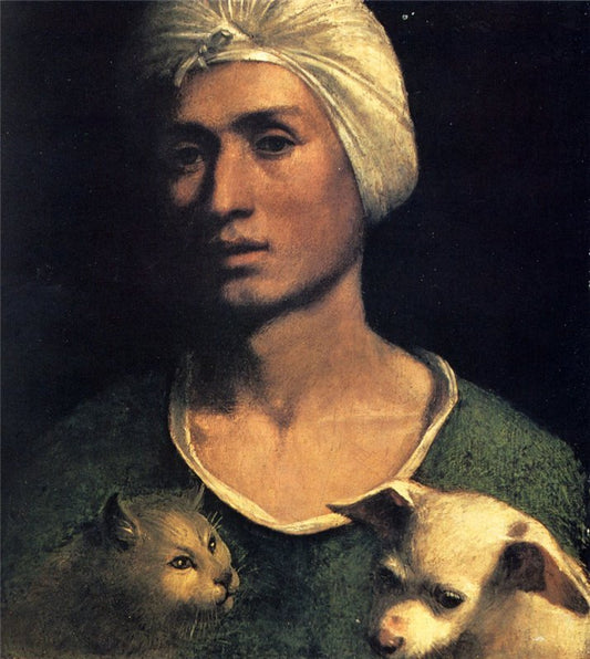 Portrait Of A Young Man With A Dog And A Cat, vintage artwork by Attributed to Dosso Dossi, A3 (16x12") Poster Print