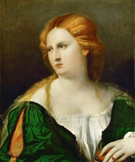 Portrait of a Young Woman in a Green Dress, vintage artwork by Palma il Vecchio, A3 (16x12") Poster Print