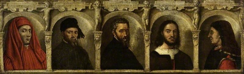 Portrait of Fuve Artists: Giotto, Donatello, Michelangelo, Raphael and Brunelleschi, vintage artwork by Attributed to Francesco Salviati, A3 (16x12") Poster Print