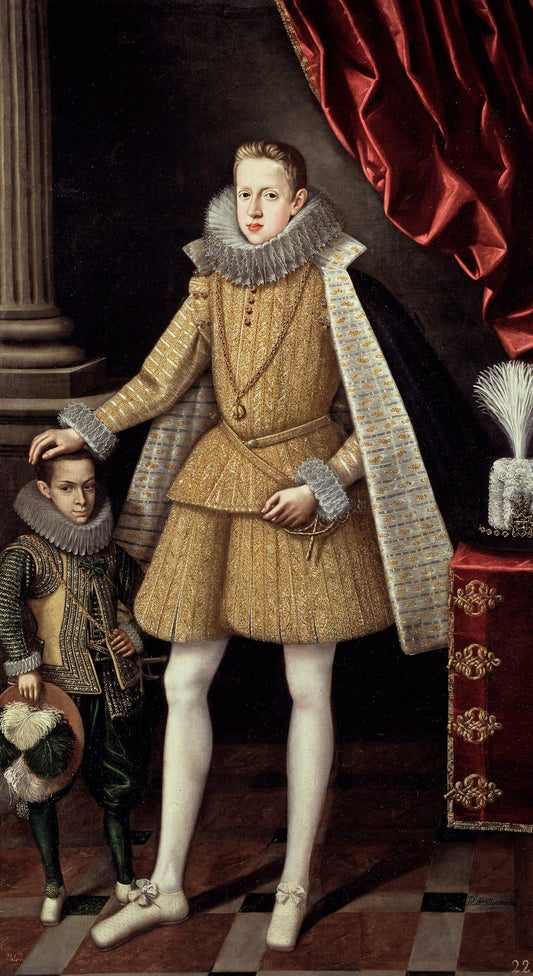 Portrait of infante Felipe (future Phillip IV) with dwarf Soplillo, vintage artwork by Rodrigo de Villandrano, 12x8" (A4) Poster