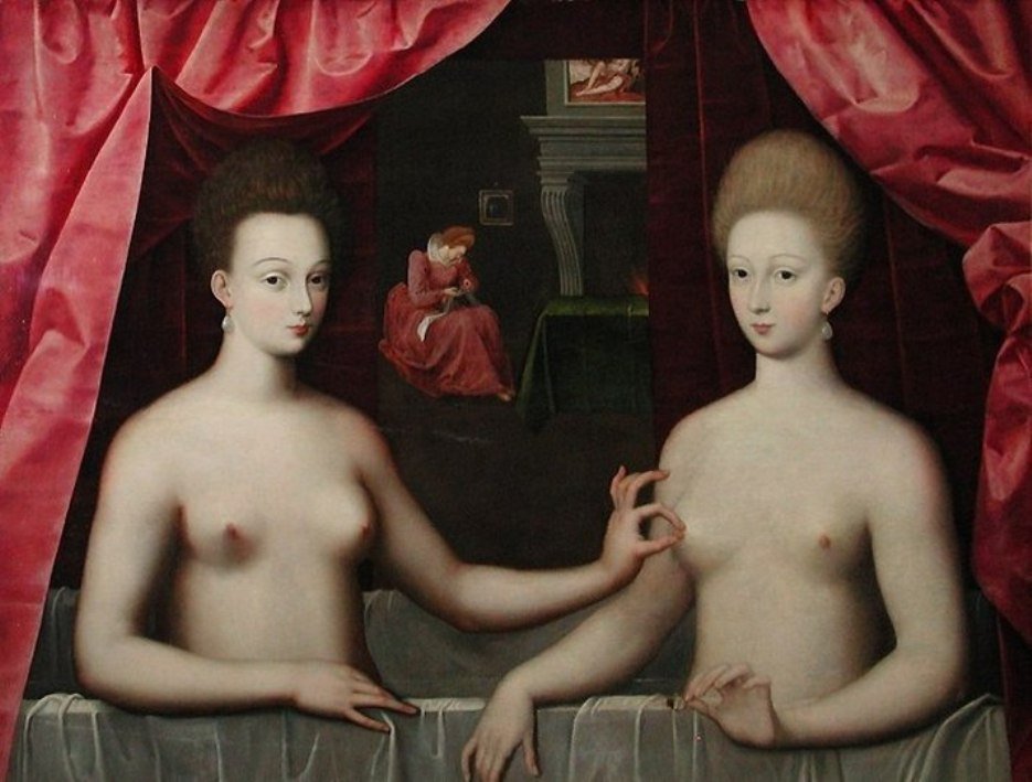 Presumed Portrait of Gabrielle d'Estrees and Her Sister the Duchess of Villars, vintage artwork by French School 16th Century - Unknown, A3 (16x12") Poster Print