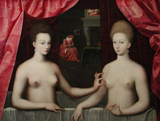 Presumed Portrait of Gabrielle d'Estrees and Her Sister the Duchess of Villars, vintage artwork by French School 16th Century - Unknown, A3 (16x12") Poster Print