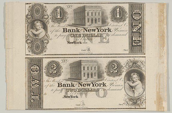 Proofs of Bank of New York One Dollar Bill and Two Dollar Bill, vintage art, A3 (16x12") Poster Print