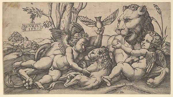 Putti and Lions 1547-Master FG , vintage art, A3 (16x12") Poster Print