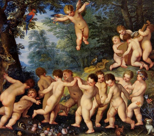 Putti Dancing and Making Music, vintage artwork by Hans Rottenhammer, A3 (16x12") Poster Print