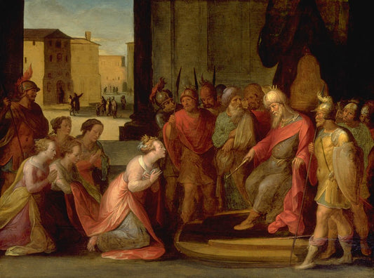 Queen Esther before King Ahasuerus, vintage artwork by Hans Jordaens, A3 (16x12") Poster Print