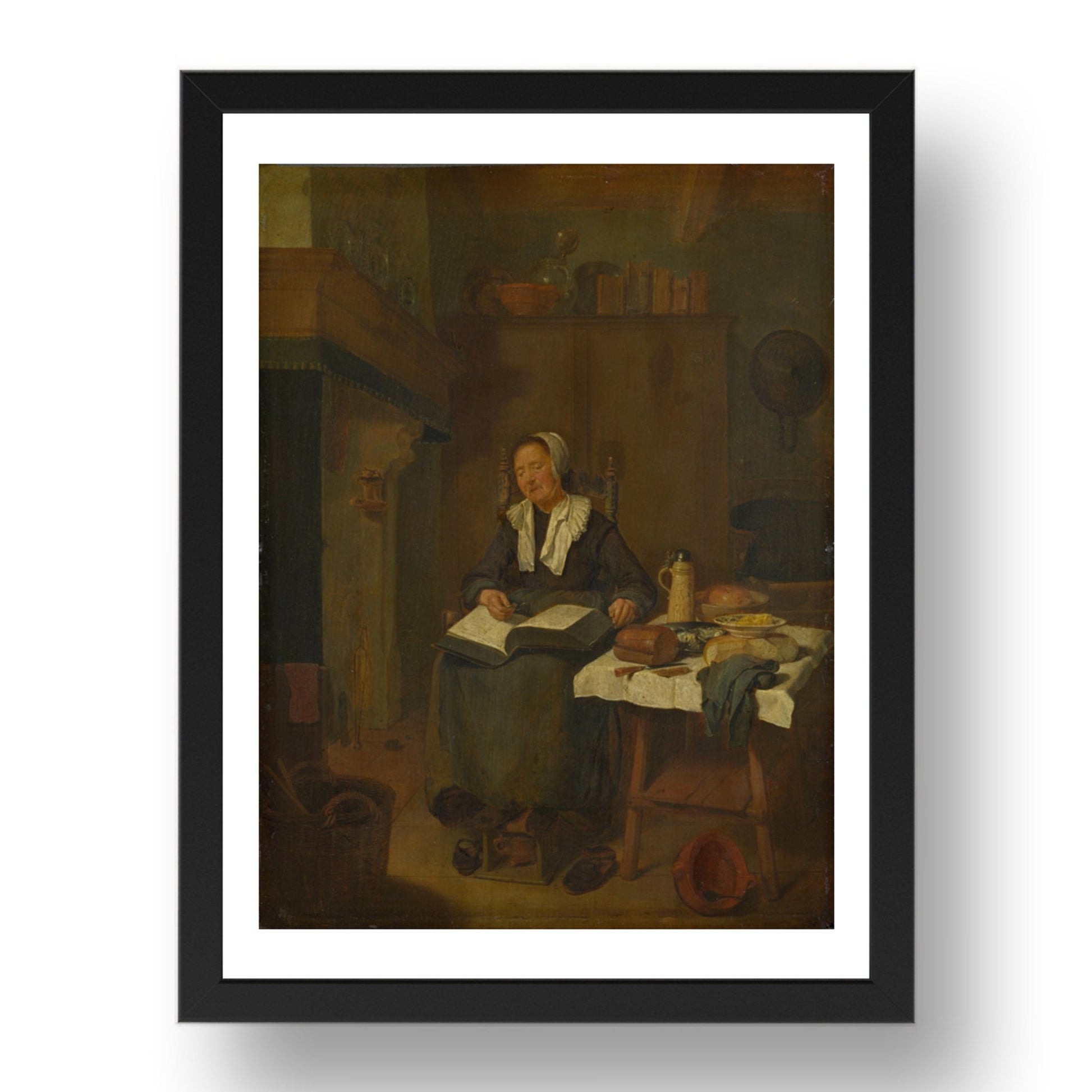 Quiringh van Brekelenkam: A Woman Asleep by a Fire, Poster in 17x13"(A3) Frame