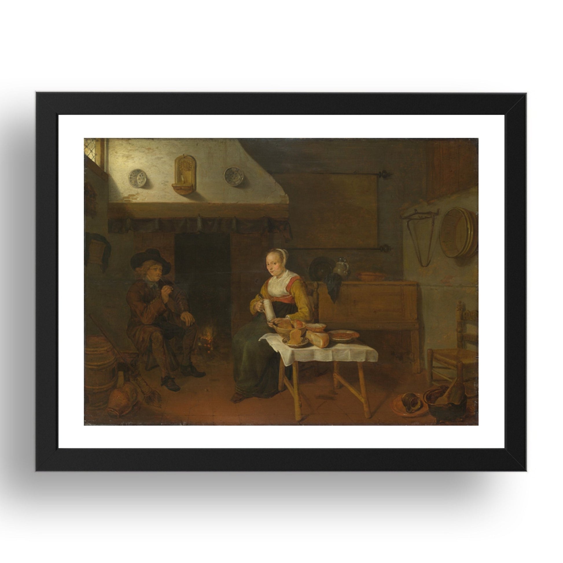 Quiringh van Brekelenkam: An Interior, with a Man and a Woman seated by a Fire, Poster in 17x13"(A3) Frame