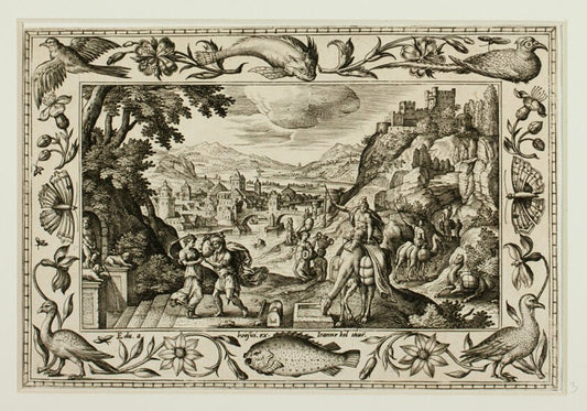 Rebecca and Eliezer at the Well, from Landscapes with Old and New Testament Scenes and Hunting Scenes by  Adriaen Collaert (Flemish, c. 1560–1618) , 23x16"( A2 size) Poster Print