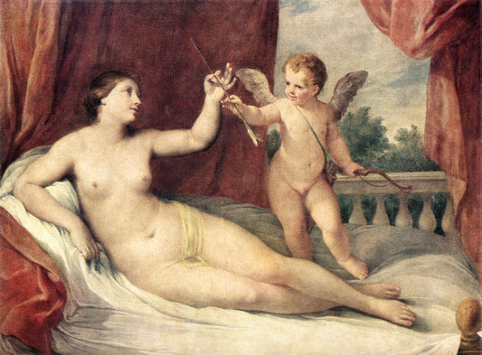 Reclining Venus with Cupid, vintage artwork by Guido Reni, 12x8" (A4) Poster