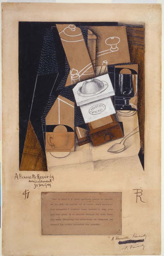 coffee grinder cup and glass on a table by J.Gris, 12x8" (A4) Poster