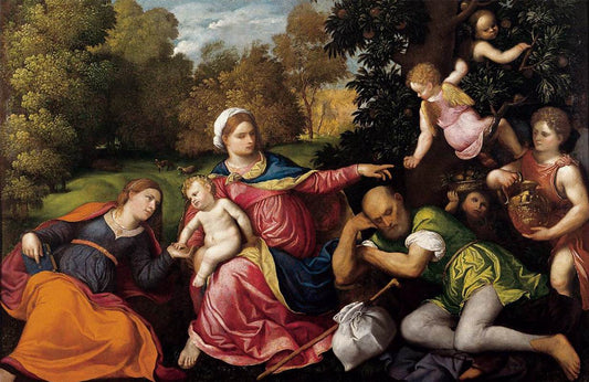 Rest on the Flight into Egypt with St Catherine and Angels, vintage artwork by Paris Bordone, A3 (16x12") Poster Print