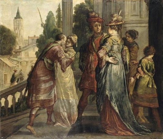 Reunion de dames et de cavaliers sur le perron de château (Reunion of women and soldiers on the Balcony of a Chateau), vintage artwork by Claude Vignon, 12x8" (A4) Poster