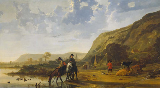 river landscape with riders by A. Cuyp, 12x8" (A4) Poster
