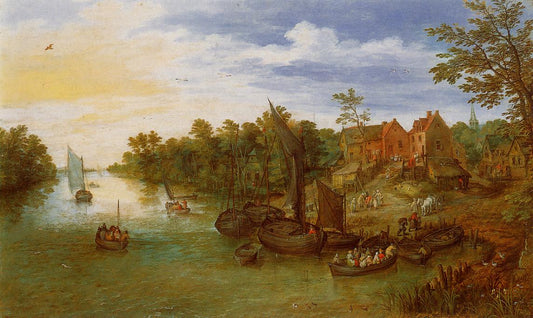 River Landscape with Landing, vintage artwork by Jan Brueghel the Elder, A3 (16x12") Poster Print