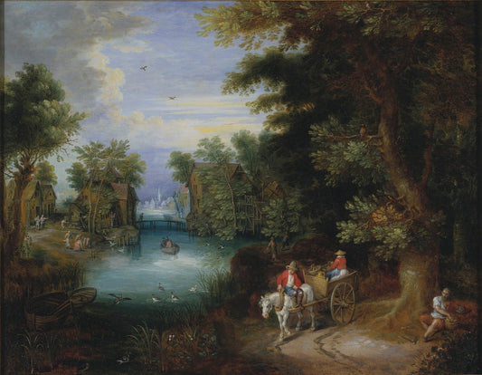 River Landscape with Peasants, vintage artwork by Adriaen van Stalbemt, 12x8" (A4) Poster