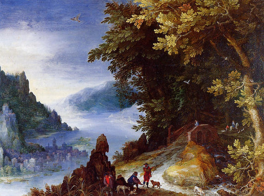 River Landscape with Resting Travellers, vintage artwork by Jan Brueghel the Elder, A3 (16x12") Poster Print