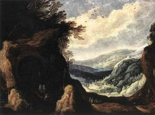 Rocky Landscape with Monks, vintage artwork by Joos de Momper the Younger, A3 (16x12") Poster Print