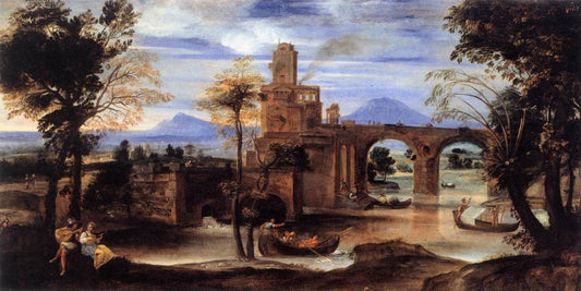 Roman River Landscape with Castle and Bridge, vintage artwork by Annibale Carracci, A3 (16x12") Poster Print