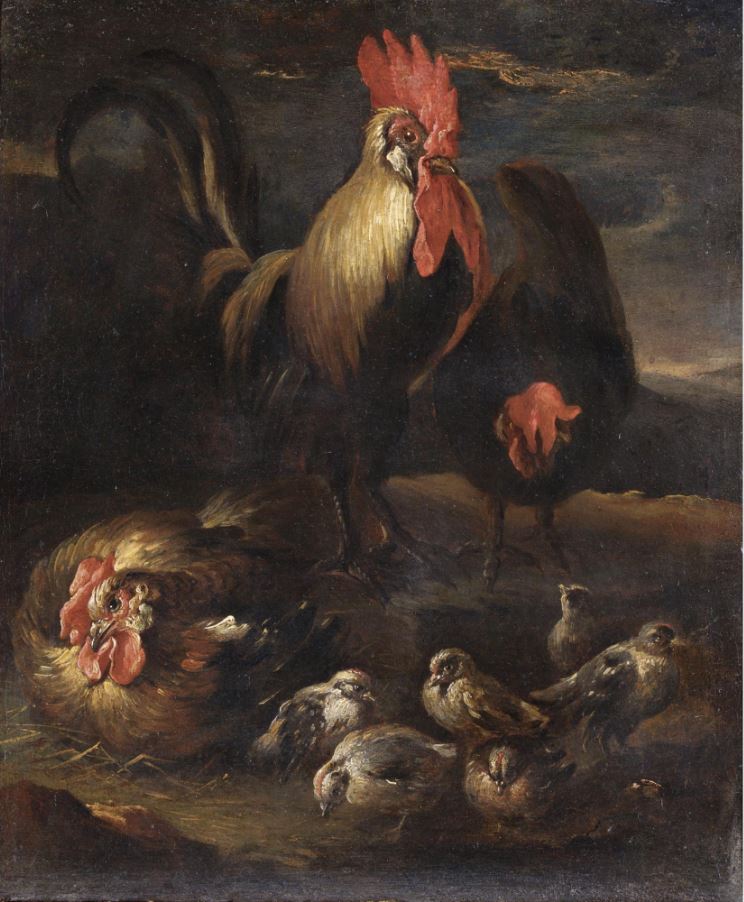 Rooster with Hens and Chickens, vintage artwork by Felice Boselli, A3 (16x12") Poster Print
