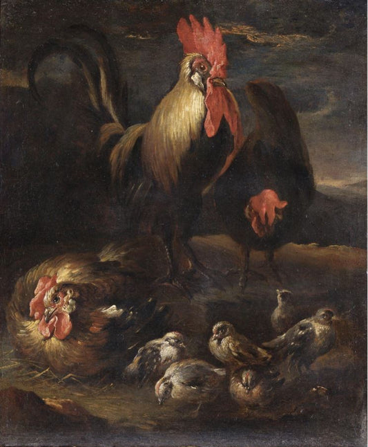 Rooster with Hens and Chickens, vintage artwork by Felice Boselli, A3 (16x12") Poster Print