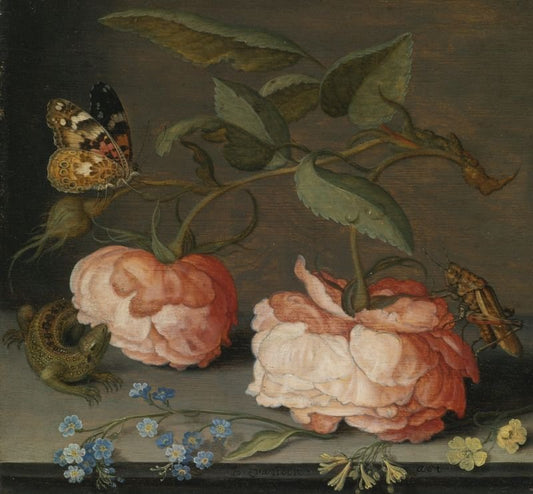 Roses with a butterfly and a grasshopper, together with forget-me-nots, primroses and a sand lizard, vintage artwork by Balthasar van der Ast, 12x8" (A4) Poster
