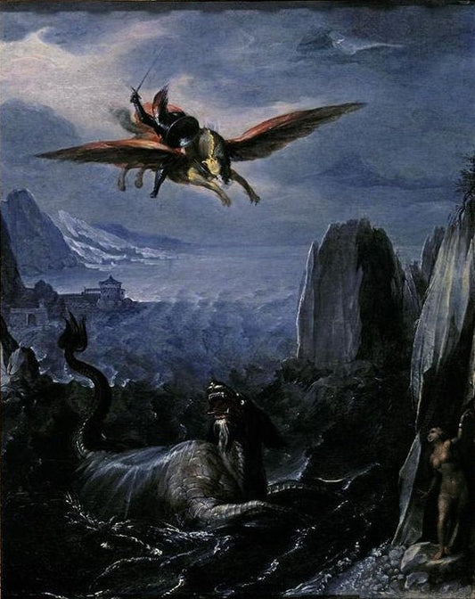 Ruggiero Saving Angelica, vintage artwork by Attributed to Girolamo da Carpi, A3 (16x12") Poster Print