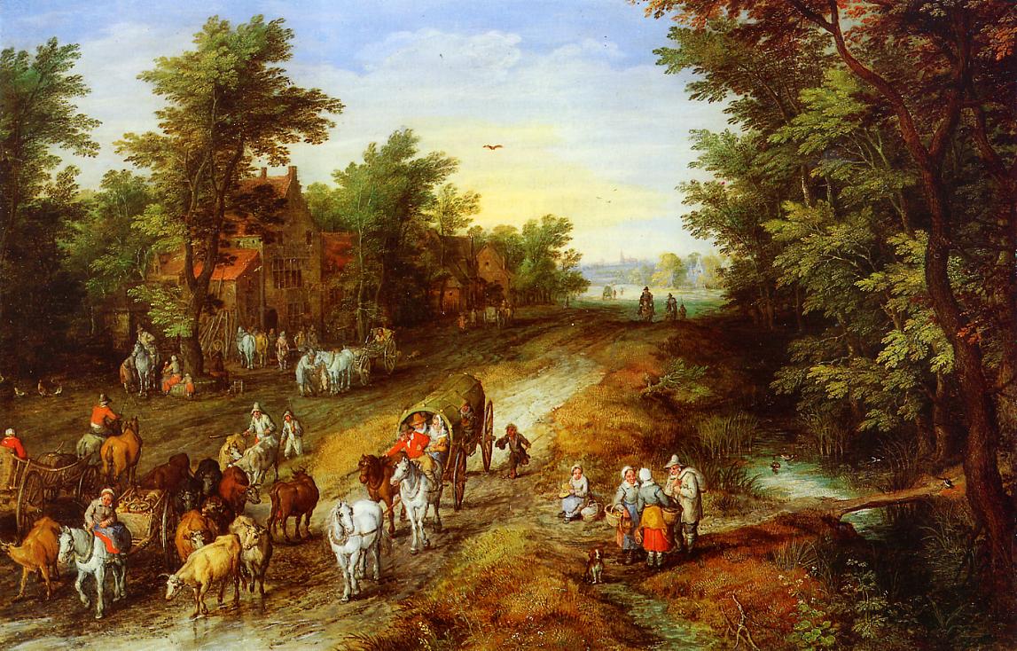 Rustic Landscape with Inn and Travellers, vintage artwork by Jan Brueghel the Elder, A3 (16x12") Poster Print