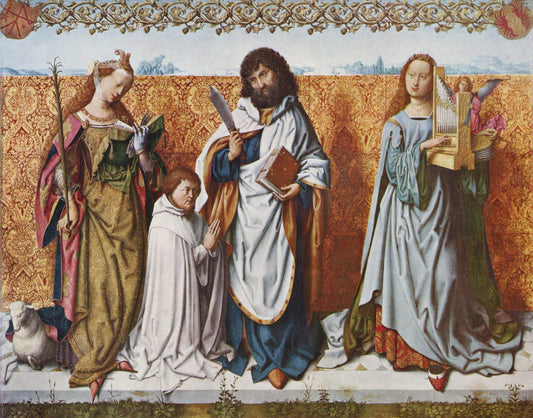 Saint Bartholomew with the Angels Agnes and Cecilia, vintage artwork by Master of the Saint Bartholomew Altarpiece, A3 (16x12") Poster Print