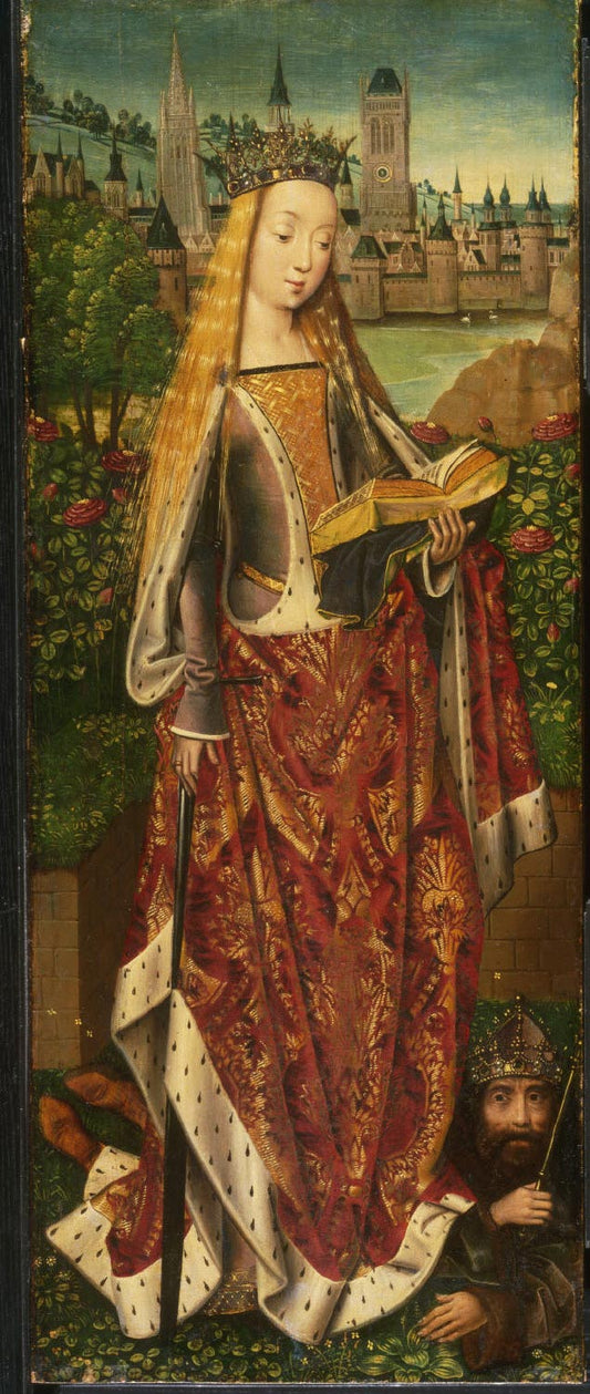 Saint Catherine of Alexandria, with the Defeated Emperor, vintage artwork by Master of the Legend of Saint Lucy, A3 (16x12") Poster Print