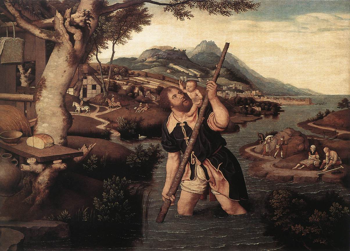 Saint Christopher in a River Landscape, vintage artwork by Jan Mostaert, A3 (16x12") Poster Print