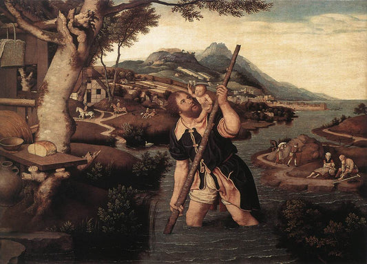 Saint Christopher in a River Landscape, vintage artwork by Jan Mostaert, A3 (16x12") Poster Print