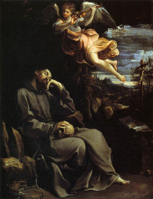 Saint Francis Consoled by  Angelic Music, vintage artwork by Guido Reni, 12x8" (A4) Poster