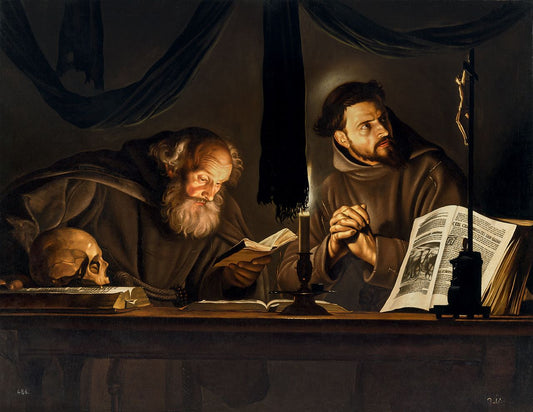 Saint Francis in Meditation with Brother Leo, vintage artwork by Adam de Coster, 12x8" (A4) Poster