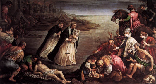 Saint Giacinto Walking on the Waters of the River Dnieper, vintage artwork by Leandro Bassano, 12x8" (A4) Poster
