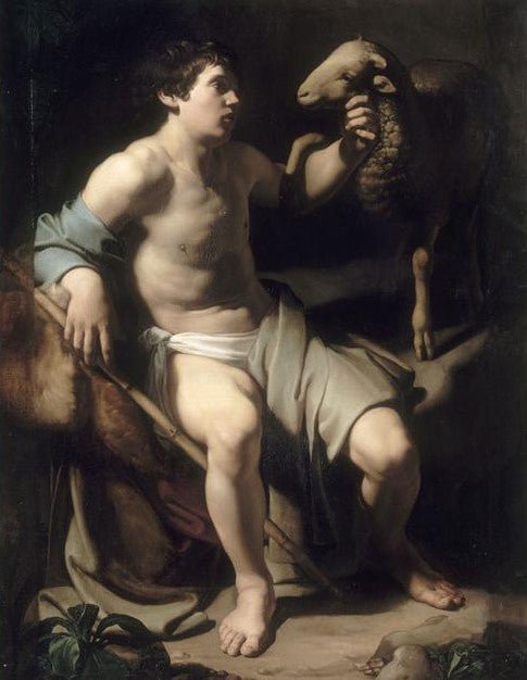 Saint John the Baptist and a Sheep, vintage artwork by Attributed to Bartolomeo Manfredi, 12x8" (A4) Poster
