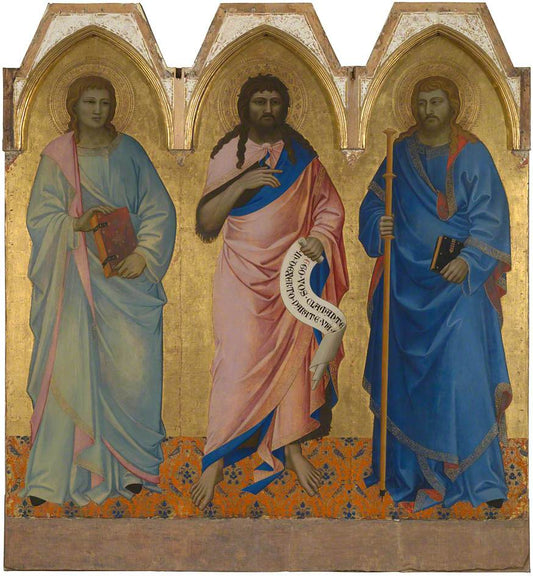 Saint John the Baptist with Saint John the Evangelist and Saint James, vintage artwork by Nardo di Cione, 12x8" (A4) Poster