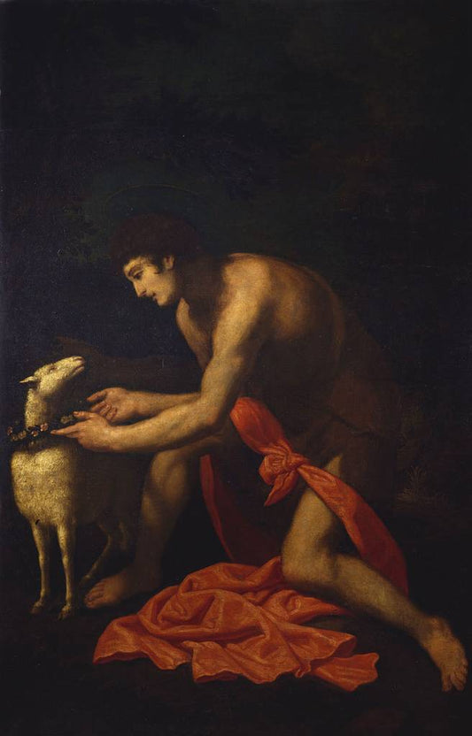 Saint John the Baptist Wreathing a Lamb, vintage artwork by Giovanni Baglione, 12x8" (A4) Poster