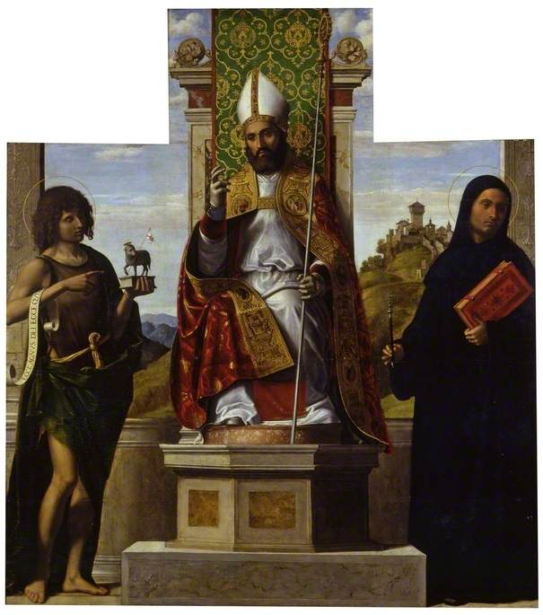 Saint Lanfranc Enthroned, vintage artwork by Cima da Conegliano, A3 (16x12") Poster Print