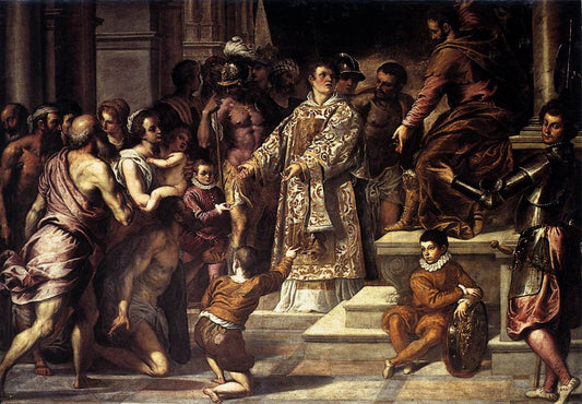 Saint Lawrence Giving the Wealth to the Poor, vintage artwork by Palma Giovane, A3 (16x12") Poster Print