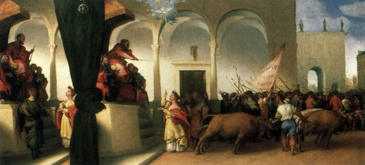 Saint Lucy before Paschasius and Saint Lucy Harnessed to Oxen, vintage artwork by Lorenzo Lotto, A3 (16x12") Poster Print