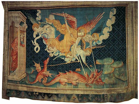 Saint Michael Fighting the Dragon, vintage artwork by Hennequin de Bruges, 12x8" (A4) Poster