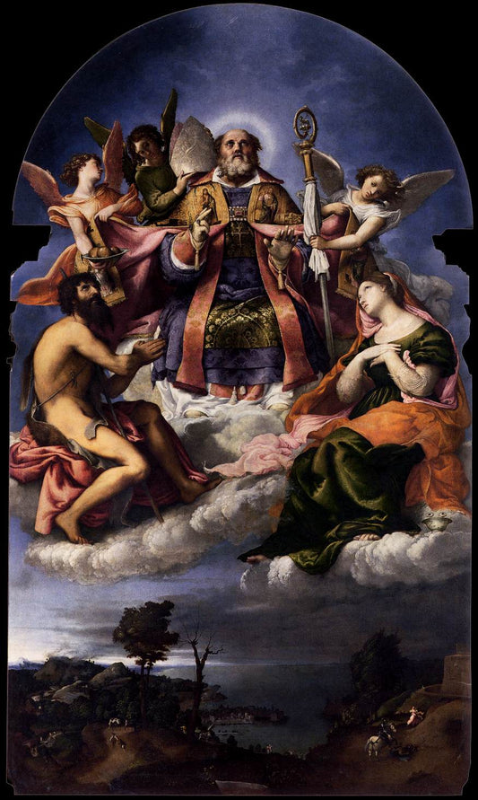 Saint Nicholas in Glory with Saints John the Baptist and Lucy, vintage artwork by Lorenzo Lotto, A3 (16x12") Poster Print