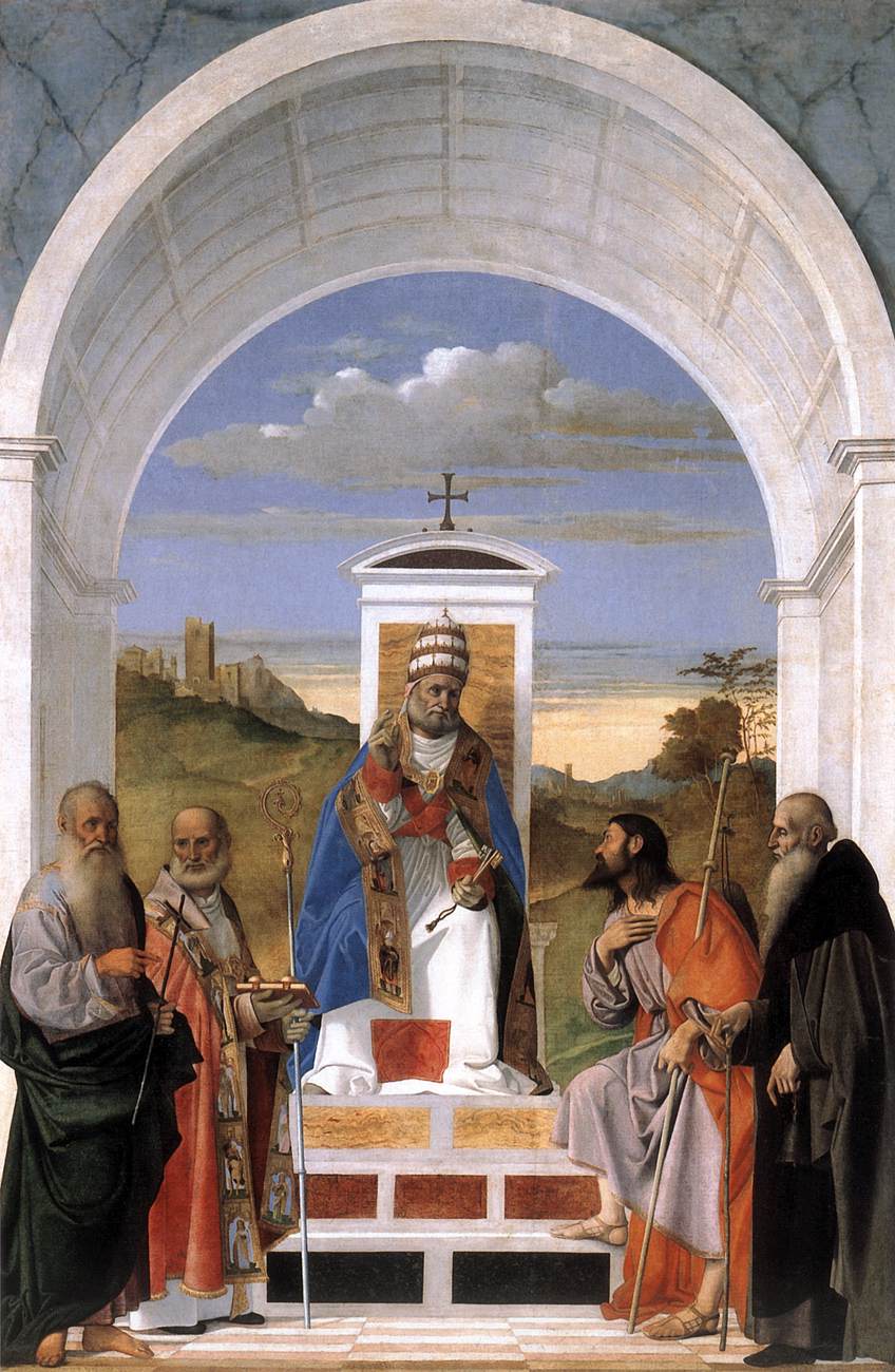 Saint Peter Enthroned with Four Saints, vintage artwork by Marco Basaiti, A3 (16x12") Poster Print
