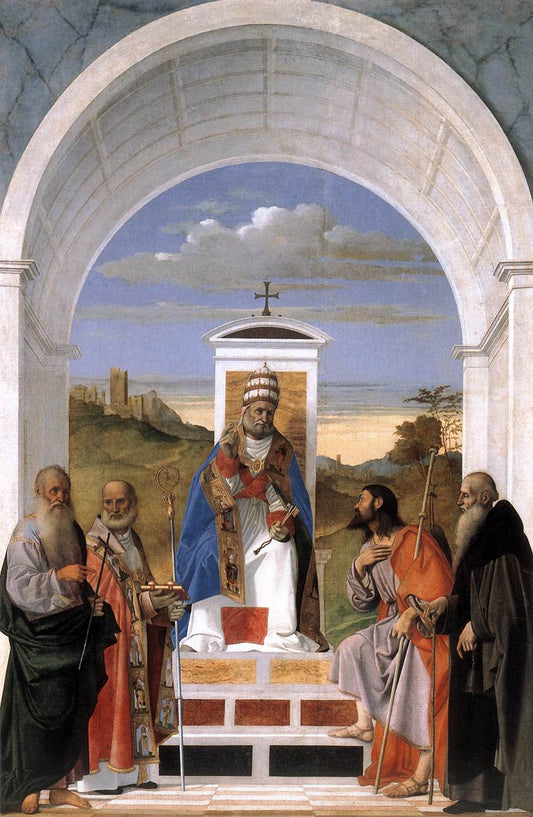 Saint Peter Enthroned with Four Saints, vintage artwork by Marco Basaiti, A3 (16x12") Poster Print