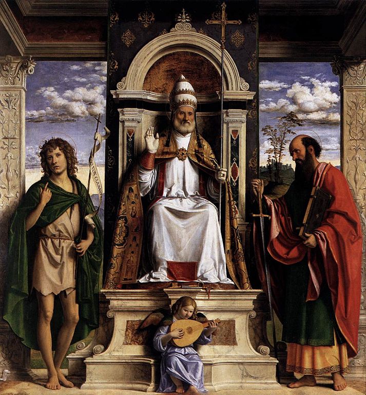 Saint Peter Enthroned with Saints John the Baptist and Paul, vintage artwork by Cima da Conegliano, A3 (16x12") Poster Print