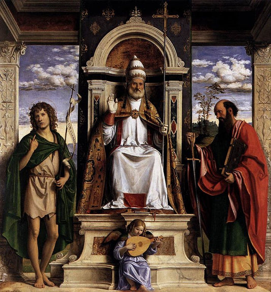 Saint Peter Enthroned with Saints John the Baptist and Paul, vintage artwork by Cima da Conegliano, A3 (16x12") Poster Print