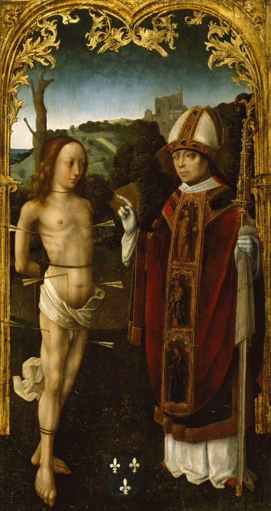 Saint Sebastian and a Bishop Saint, vintage artwork by Dutch School 15th Century - Unknown, A3 (16x12") Poster Print