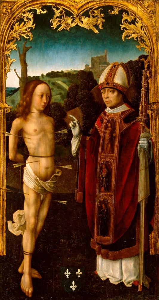 Saint Sebastian and a Bishop Saint, vintage artwork by Master of the Virgo inter Virgines, A3 (16x12") Poster Print