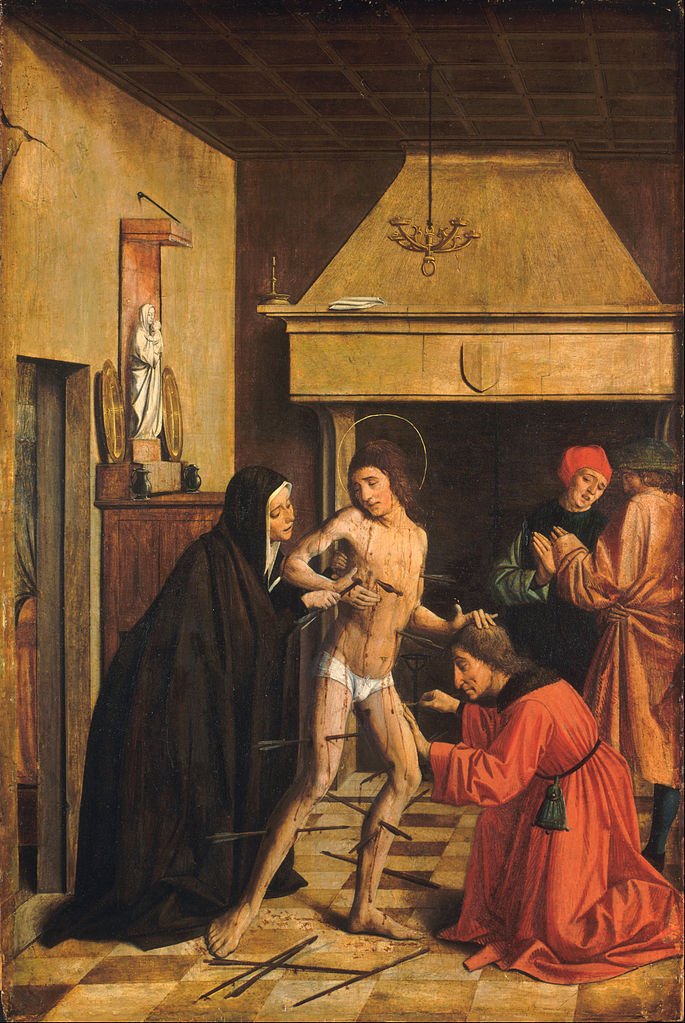 Saint Sebastian Cured by  Irene, vintage artwork by Josse Lieferinxe, A3 (16x12") Poster Print